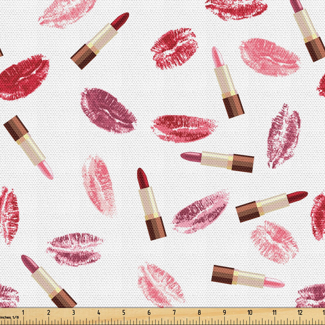 Ambesonne Cosmetics Fabric by The Yard, Beauty Theme Pink and Burgundy Lipstick and Kiss Pattern Makeup Concept, Decorative Fabric for Upholstery and Home Accents, 10 Yards, Burgundy Pink